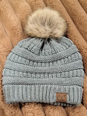 C.C. Winter Beanie with Faux Fur Fuzzy Pom Pom Gray Adult Womens